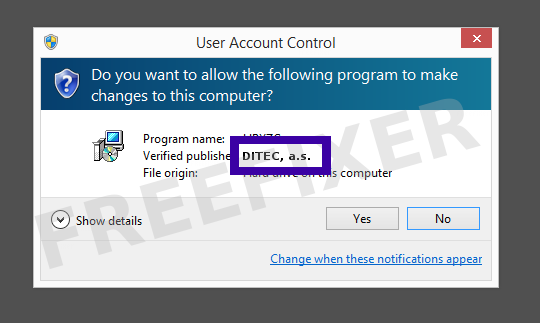 Screenshot where DITEC, a.s. appears as the verified publisher in the UAC dialog